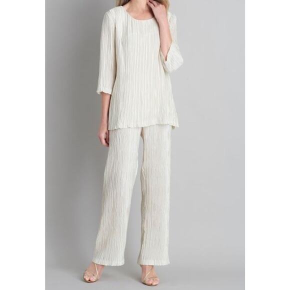 Caroline Rose Plisse Pants Set 2 Piece New Top Sz L Pants Sz M Ivory - Picture 1 of 16